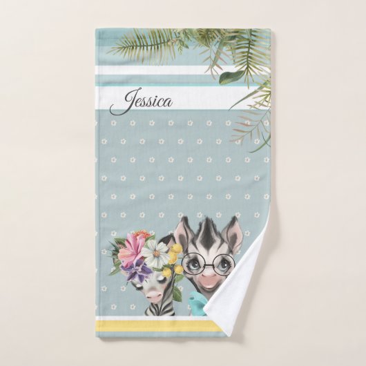 キッズバスルームカワイイゼブラズインラブフローラブルー文字 ハンドタオル