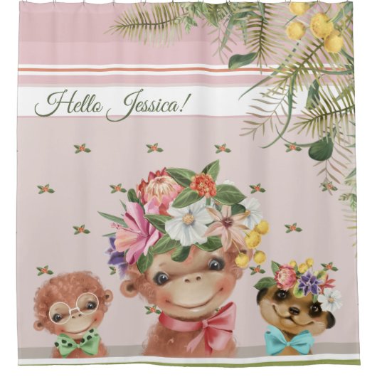 キッズバスルームカワイトサルミールカートフローラピンク文字 シャワーカーテン (正面)