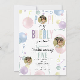 キッズバブルポップ・アートのパーティーオン誕生日カスタム写真 招待状