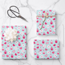キッズバレンタインデーハートカップケーキ白い花 ラッピングペーパーシート