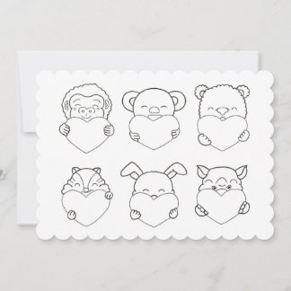 キッズバレンタインデー　ハート　動物　ぬりえ　カード