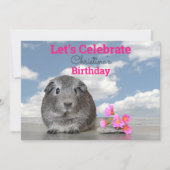 キッズバースデーパーティーかわいいギニア豚ピンクの花 招待状 (正面)