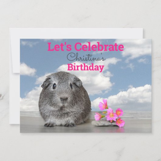 キッズバースデーパーティーかわいいギニア豚ピンクの花 招待状 (正面)