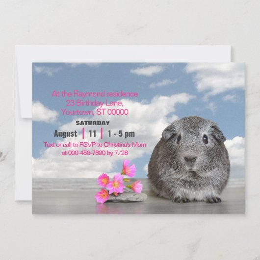 キッズバースデーパーティーかわいいギニア豚ピンクの花 招待状 (裏面)