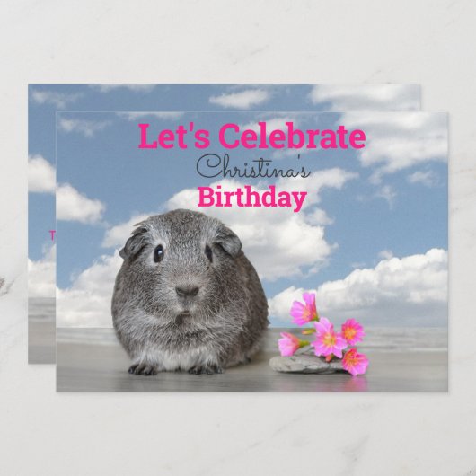 キッズバースデーパーティーかわいいギニア豚ピンクの花 招待状 (正面/裏面)