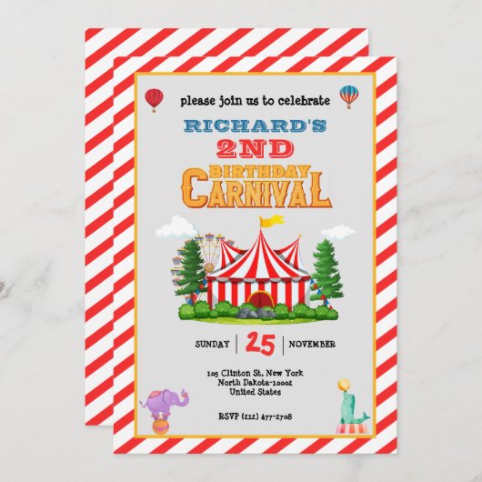 キッズバースデーパーティーサーカスカーニバルテーマ 招待状 (正面/裏面)