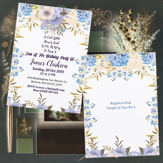 キッズパステルブルーリトルフラワーブドフローラ誕生日 招待状