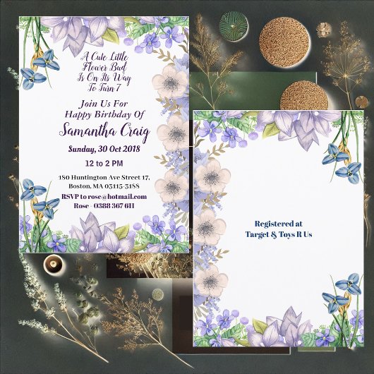 キッズパステルブルーリトルフラワーブドフローラ誕生日 招待状