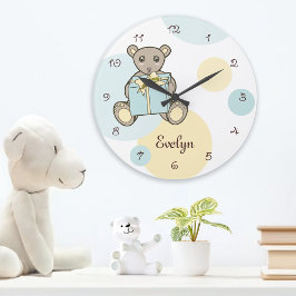 キッズパステルブルー&イエローかわいいテディベア ラージ壁時計