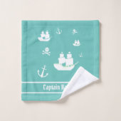 キッズパターンティール(緑がかった色)パーソナライズされたいかり船舶海賊 バスタオルセット (ウォッシュタオル)