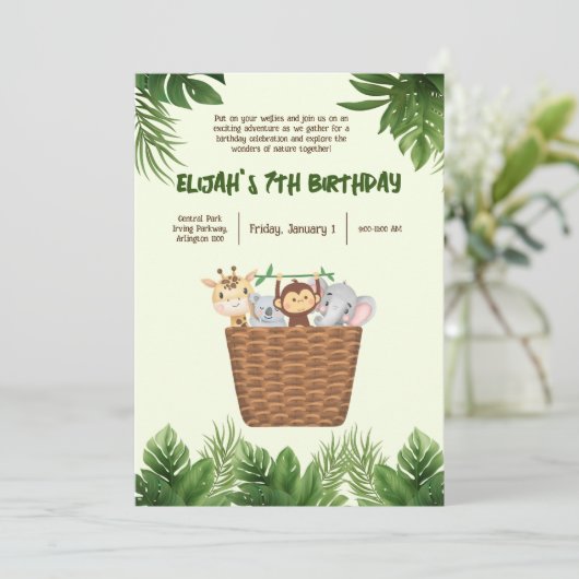 キッズパークグリーン自然動物かわいい誕生日 招待状 (スタンド正面)
