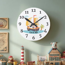 キッズパーソナライズされたキュート海賊船アホイ・マテイ ラウンド壁時計