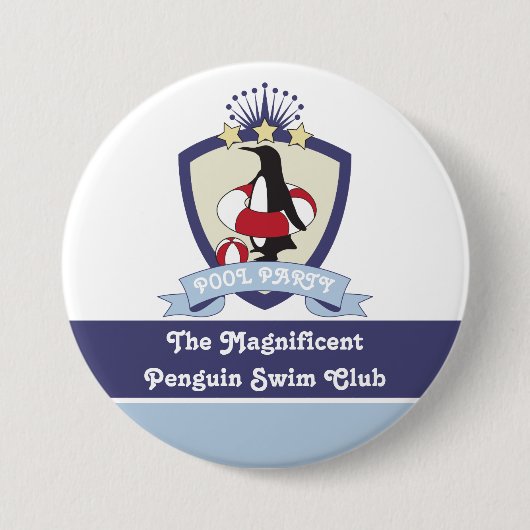 キッズパーソナライズされたスイミングクラブクレストキュートペンギン 缶バッジ (正面)