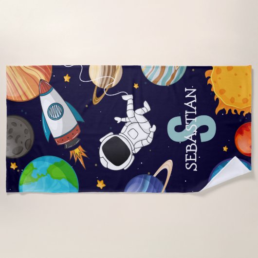 キッズパーソナライズされた宇宙宇宙飛行士の夏 ビーチタオル (正面)