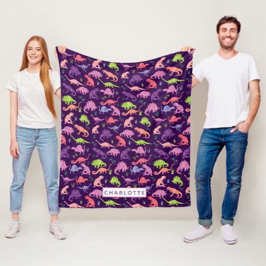 キッズパーソナライズされた恐竜ピンクパープルガール フリースブランケット (インサイチュ)