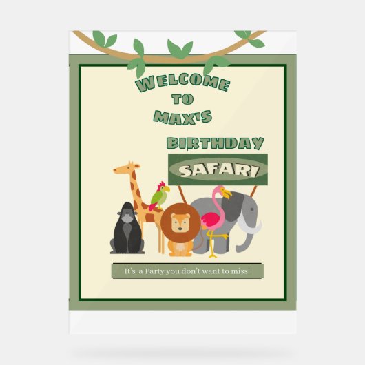 キッズパーソナライズされた誕生日サファリウェルカムサイン アクリルサイン (正面)