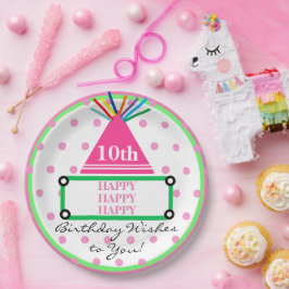 キッズパーティーハットグリーンピンク水玉模様 ペーパープレート