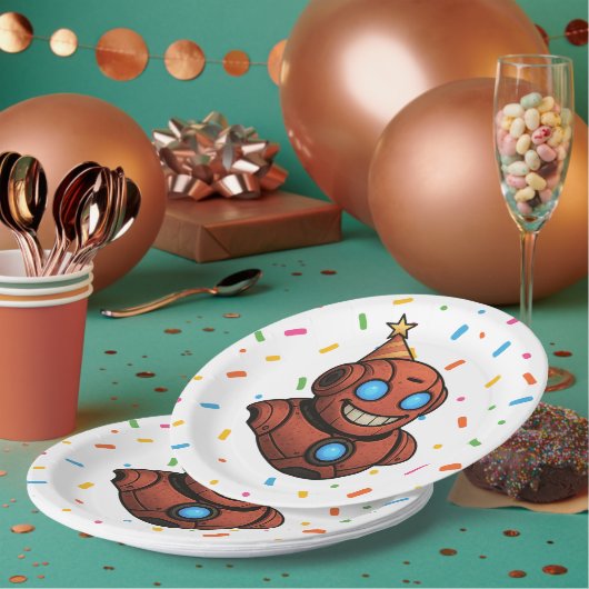 キッズパーティープレート – かわいい赤いロボットとパーティー帽子 ペーパープレート (複数)