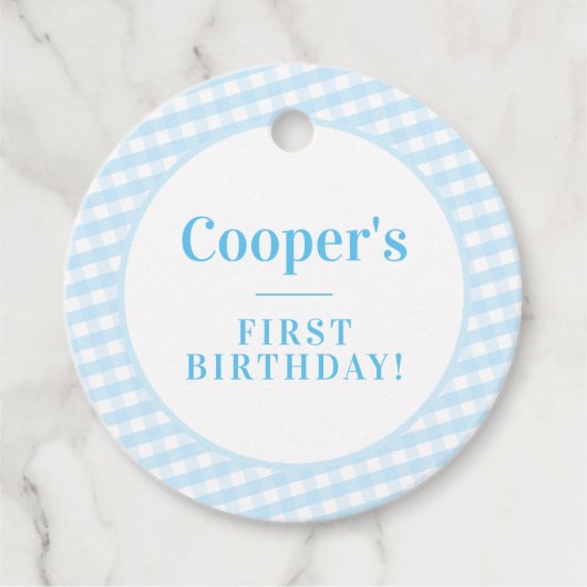 キッズパーティーヴィンテージギンガムパターンボーイブルーナプキン フェイバータグ (正面)