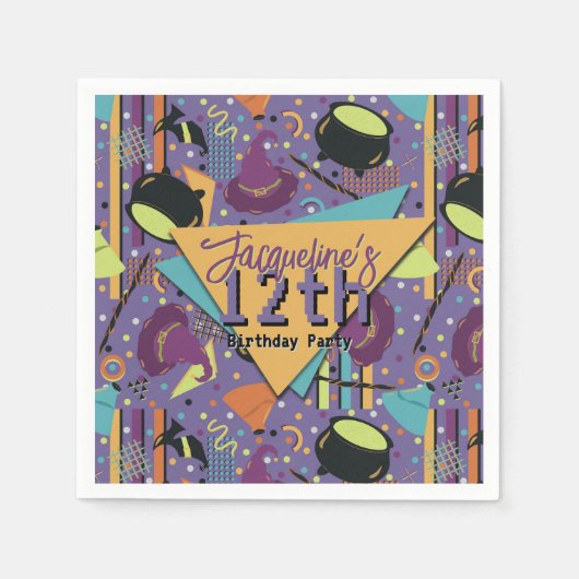 キッズパープルレトロウィッチーハロウィーン誕生日 スタンダードカクテルナプキン (正面)