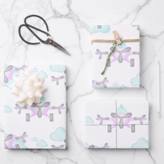 キッズパープル航空飛んでいる誕生日 ラッピングペーパーシート (正面)