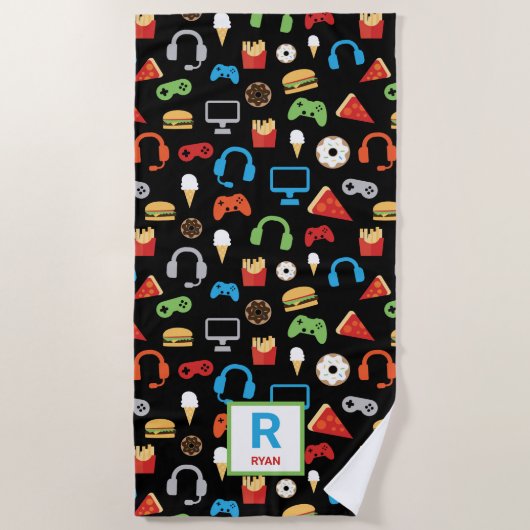キッズビデパーソナライズされたオゲームパターンゲーマースナック ビーチタオル (正面)