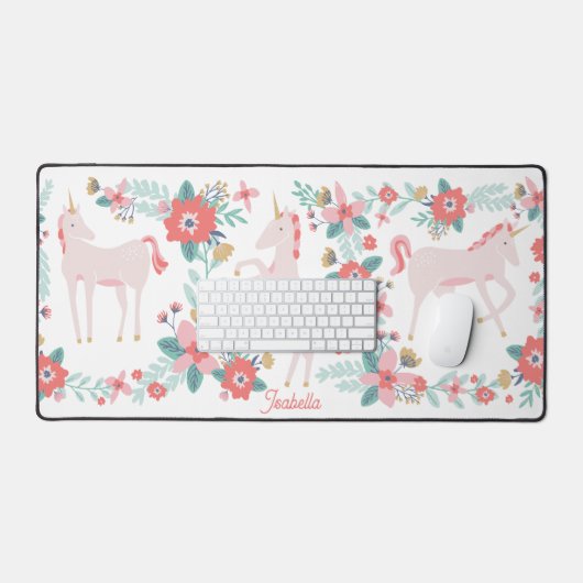 キッズピンクのユニコーンと花と名前をカスタムする デスクマット (キーボード&マウス)