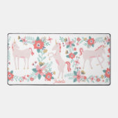 キッズピンクのユニコーンと花と名前をカスタムする デスクマット (正面)