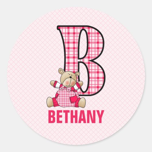 キッズピンクベアーレターBガールズチェック名 ラウンドシール (正面)