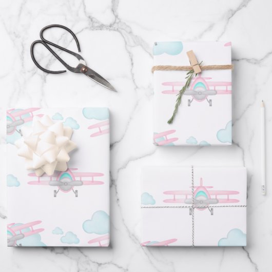 キッズピンク航空飛んでいる誕生日 ラッピングペーパーシート (正面)