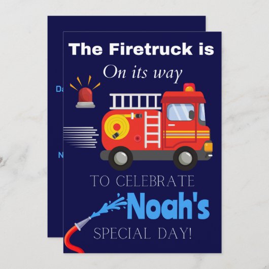 キッズファイアトラック+消防士をテーマにした誕生日カード 招待状 (正面/裏面)