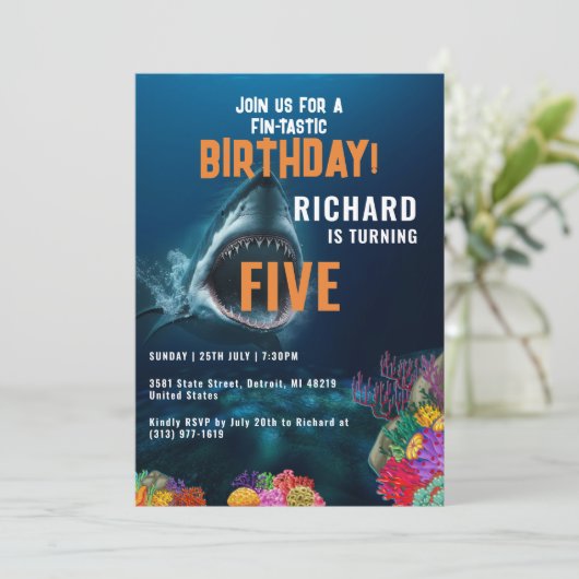 キッズフィンタスティクカラフルシャーク誕生日パーティー 招待状 (スタンド正面)