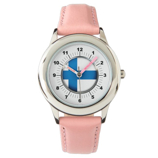 キッズフィンランド国旗ピンクレザーストラップウォッチ 腕時計 (正面)