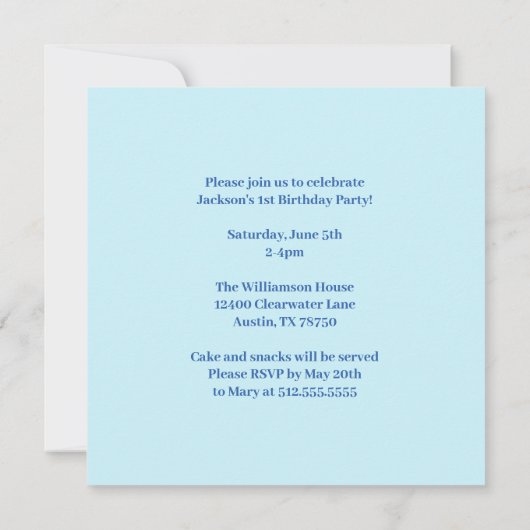 キッズフォトカスタムパーティーブルーボーイズ1st誕生日 招待状 (裏面)