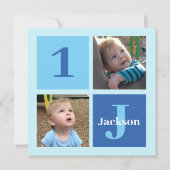 キッズフォトカスタムパーティーブルーボーイズ1st誕生日 招待状 (正面)