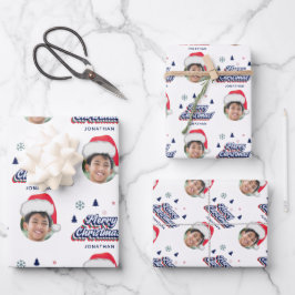 キッズフォトカスタム&ネームサンタハットレトロクリスマスおもしろい ラッピングペーパーシート