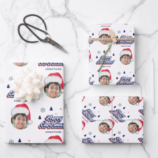 キッズフォトカスタム&ネームサンタハットレトロクリスマスおもしろい ラッピングペーパーシート (正面)