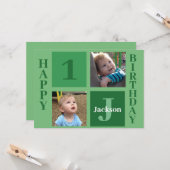 キッズフォトパーソナライズされたかわいいグリーンハッピーバースデー カード (正面/裏面インサイチュ)