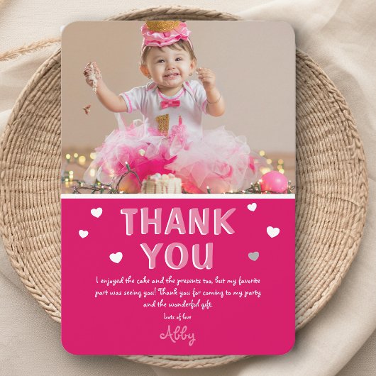 キッズフォトモダン誕生日 |ピンクサンキューカード サンキューカード