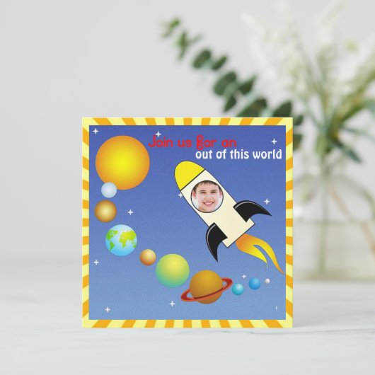 キッズフォト宇宙ロケット誕生パーティー招待状 招待状 (スタンド正面)