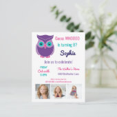 キッズフクロウ誕生日パーティーかわいい動物カスタムの写真 インビテーションポストカード (スタンド正面)