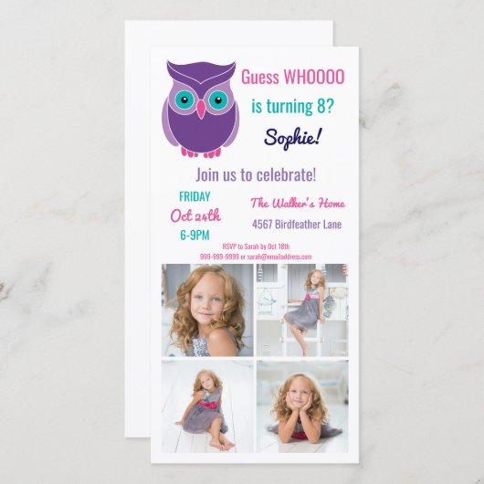 キッズフクロウ誕生日パーティー動物の写真招待状 (正面/裏面)