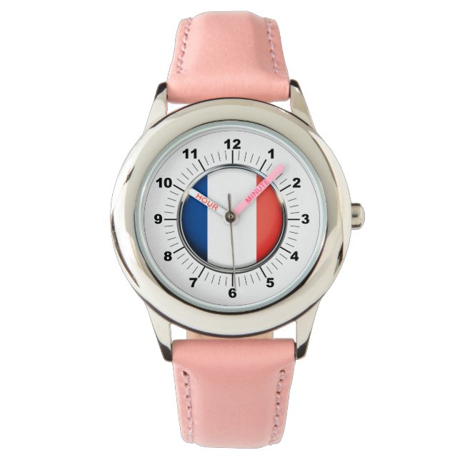 キッズフランス国旗ステンレススティールピンクハート 腕時計 (正面)