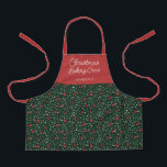キッズフローラルパターンクリスマスベーキングクルー |名前 エプロン<br><div class="desc">この美しいクリスマスエプロンは、クラシックに手書きのフローラと緑のパターンを備え、暗い緑の背景に赤伝統的、緑、アイボリーのクリスマスの色を付けている。シンプルタイポグラフィ、スクリプ読トベーキング、「クリスマステンプレートクルー」と文字がパーソナライゼーションに含まれる！大人のサイズ（別製品）も用意しており、マッチングおもしろい!多スタイリッシュくのデコールテーマに機能するデザイン。</div>