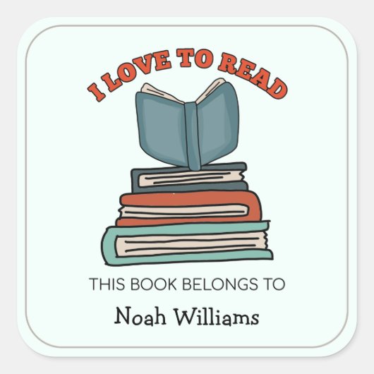 キッズブックスタックパーソナライズされた蔵書票 スクエアシール (正面)