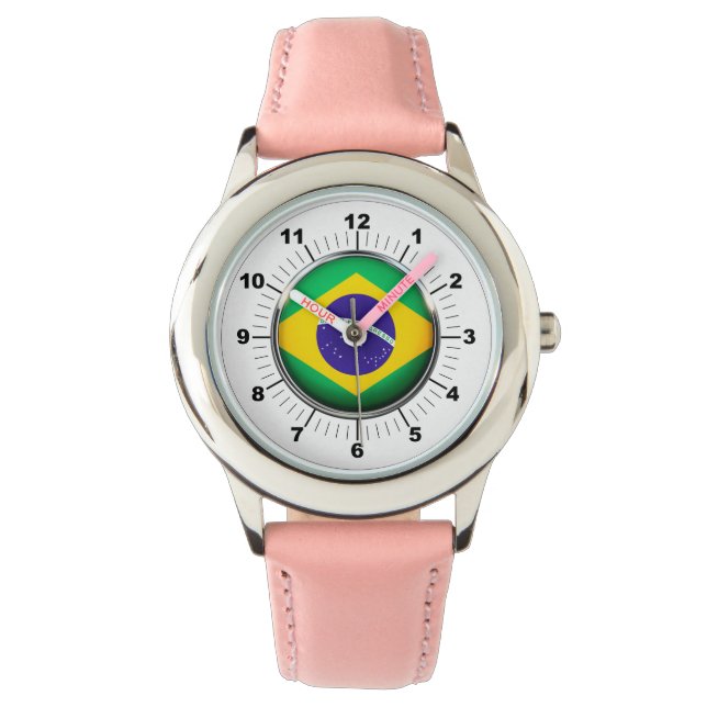 キッズブラジル国旗ピンクレザーストラップウォッチ 腕時計 (正面)
