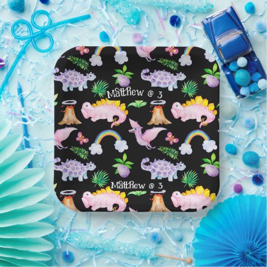 キッズブラックおもしろい恐竜レインボーウォーターカラージャングル ペーパープレート (パーティー)