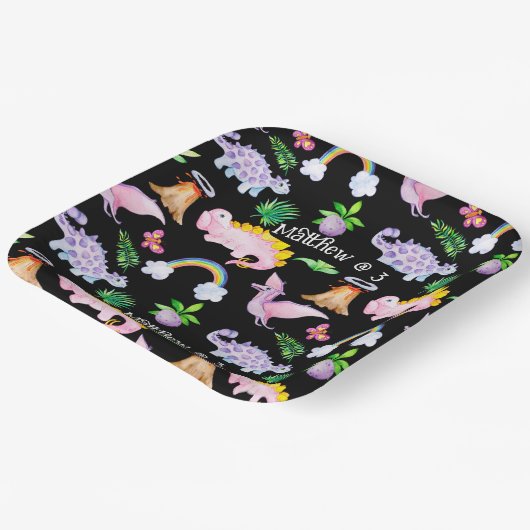 キッズブラックおもしろい恐竜レインボーウォーターカラージャングル ペーパープレート (傾斜あり)