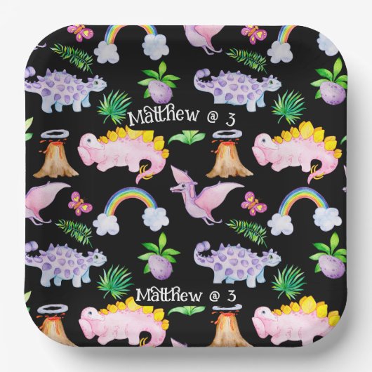 キッズブラックおもしろい恐竜レインボーウォーターカラージャングル ペーパープレート (正面)