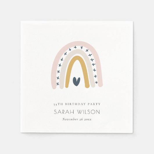 キッズブルーエレガント赤面レインボーハート誕生日 スタンダードカクテルナプキン (正面)